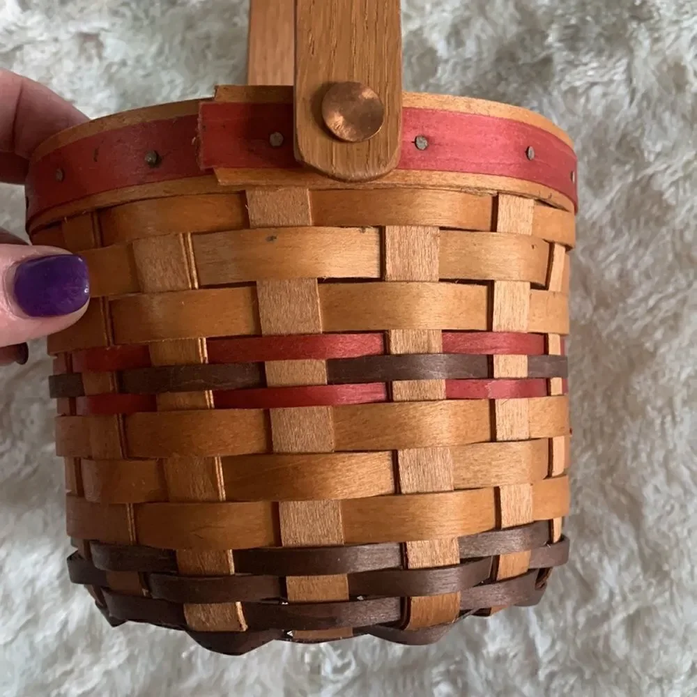 Henn Workshops Woven Wooden Basket w/Handle Hand Crafted Vintage 1998